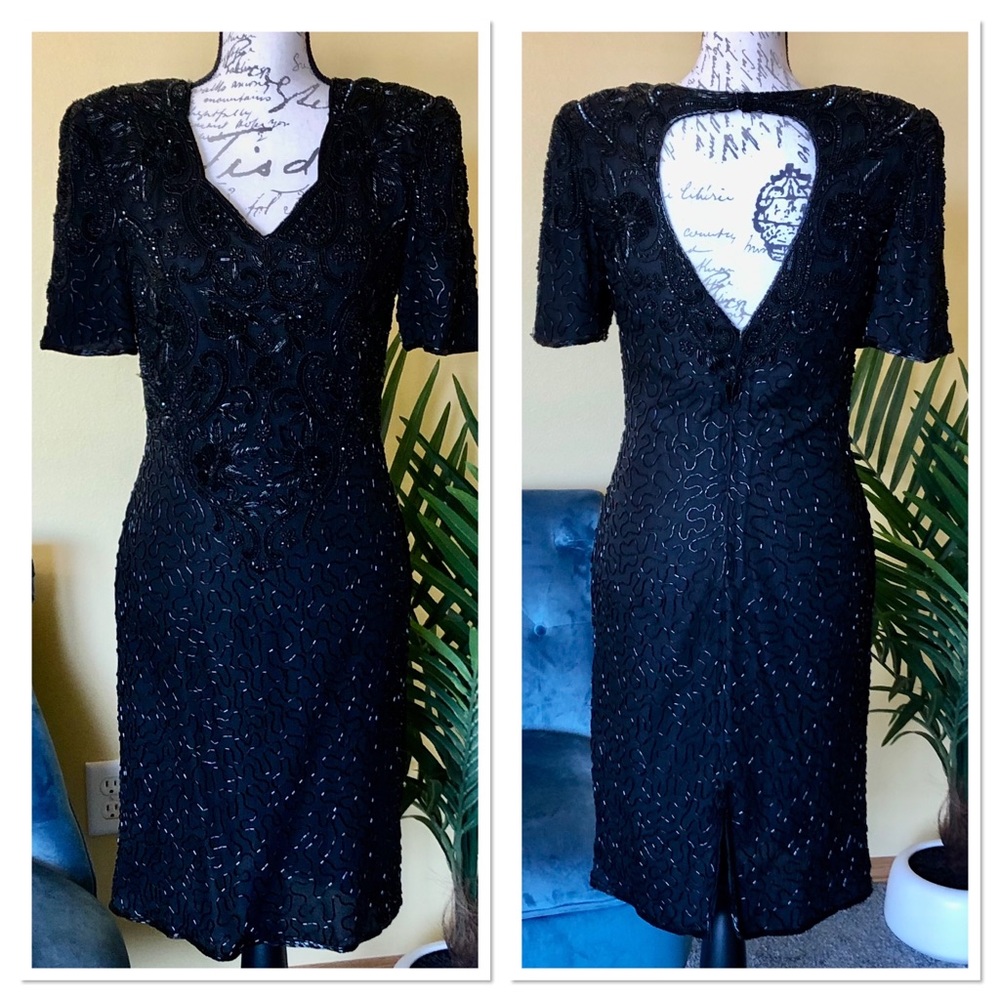SCALA Vintage Black Beaded Silk Shoulder Pads Mother of Bride Cocktail Dress
